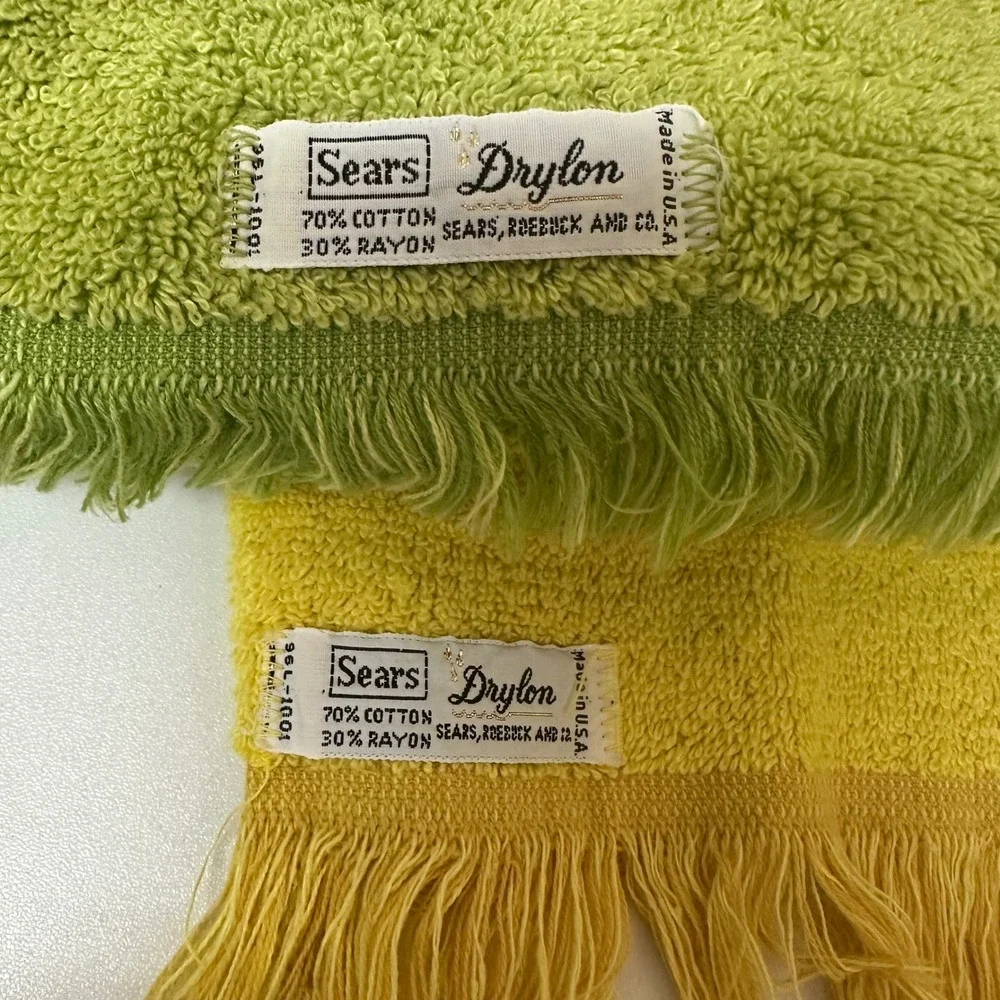 Vintage Sears Drylon Towel Set Yellow Green Floral Damask Fringed MCM USA